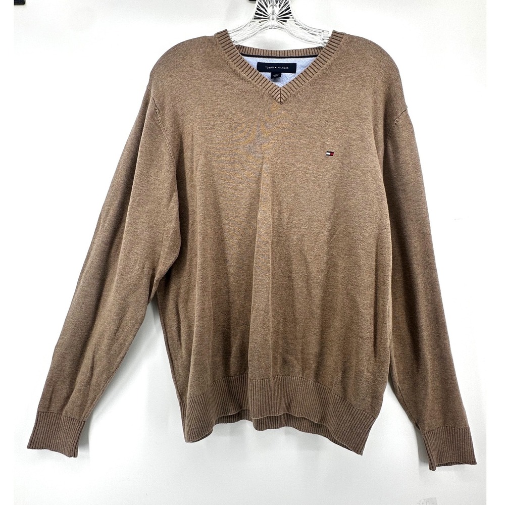 Tommy Hilfiger Mens V-Neck Sweater Tan Brown Cotton Pullover Large Long Sleeve